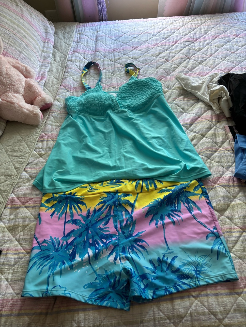 Turquoise Smocked Swim Pajama Set with Tropical Palm-Print Shorts - Picture 1 of 3